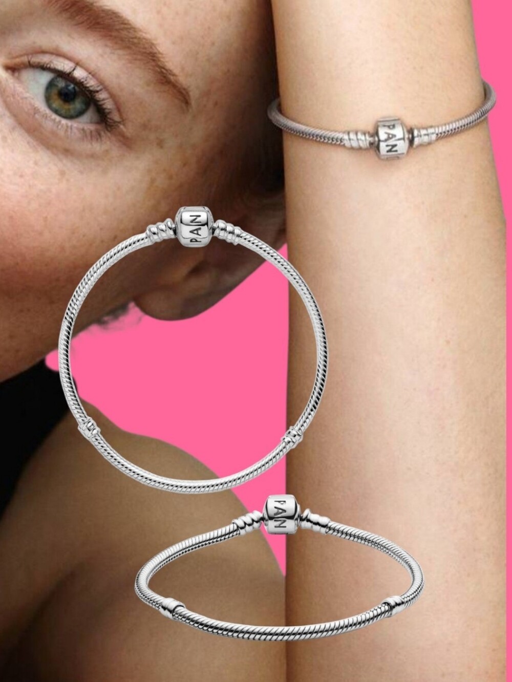 Pandora Moments Sterling Silver Snake Chain Barrel Clasp Charm Bracelet